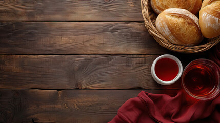 Towel, bread and wine on wooden table background with copy space for Holy week Maundy Thursday - AI Generated Abstract Art