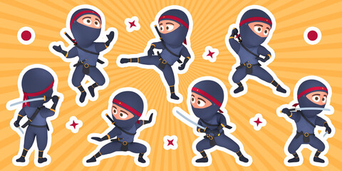 The collection of stickers with ninja cartoon personage in various poses. Stylized character with fighting actions. The cute child shinobi or assassin warrior, 3d render