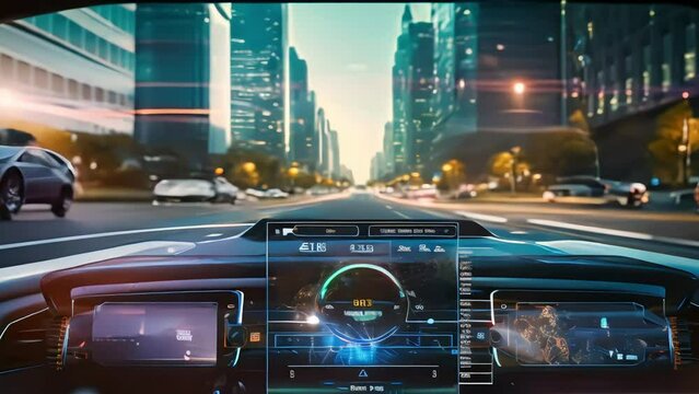 Innovative car with holographic dashboard, view from the interior of the car. Generative AI