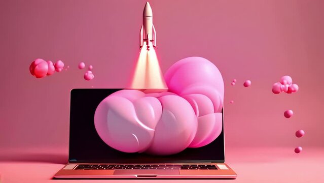 Laptop advertisement, the image of a 10d rocket taking off from the monitor seems to become three-dimensional and real. Generative AI - 50 keywords