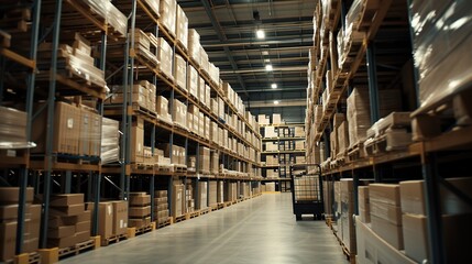 Fototapeta premium Well-lit storage area with carefully arranged boxes on a pallet, tall shelves, and a showcased trolley for a functional and visually appealing storage setup