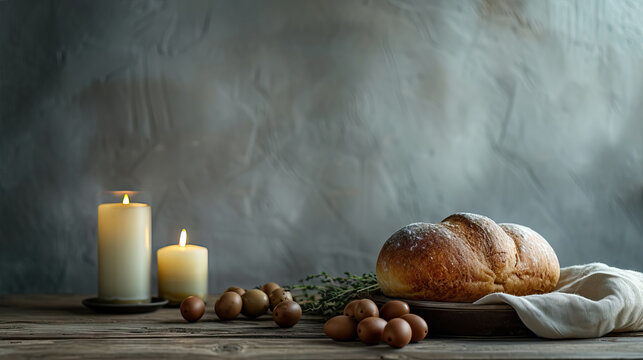 Candle, towel and bread on wooden table against grey wall background with copy space for Holy week Maundy Thursday - AI Generated Abstract Art - Powered by Adobe