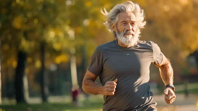 An adult man in the park on a morning jog proves to others that sports at any age are only beneficial. Generative AI