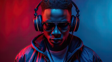 Naklejka na ściany i meble Afro-American DJ: Fashionable Portrait with Music Headphones