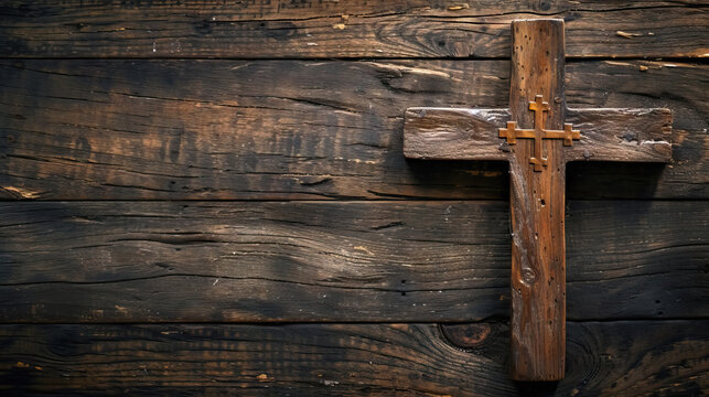 wooden cross on old grunge wood panels background with copy space for Good Friday - AI Generated