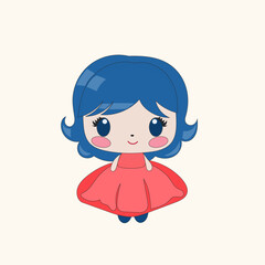 Kawaii Cute Doll Little Princess Cartoon Woman Character Doodle Bright Vector Illustration