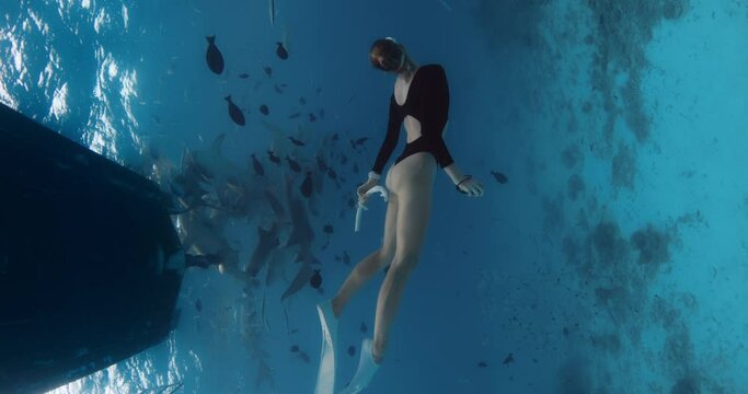 Woman freediver dive in tropical sea with nurse sharks in Maldives.