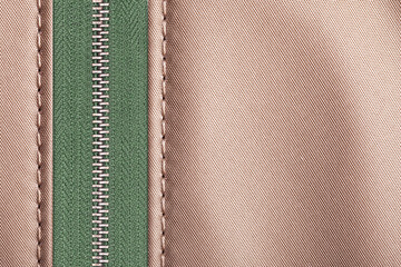 Brown beige fabric green metal zipper. Vibrant color style clothing accessories. Sewer element background. Closed zipped zipper. Silver gray shiny zipper teeth background. Empty copy space fabric.