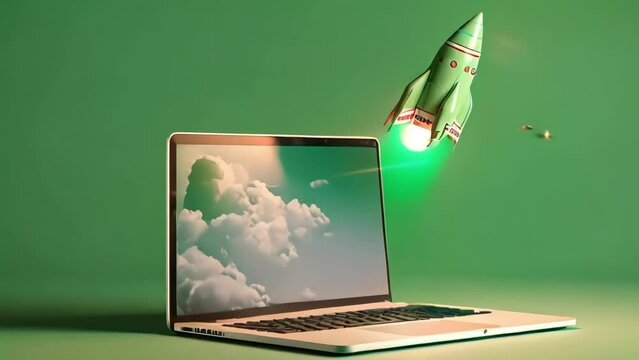 Laptop advertisement, the image of a 10d rocket taking off from the monitor seems to become three-dimensional and real. Generative AI