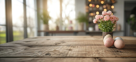 empty wooden table with defocused easter spring theme in the background