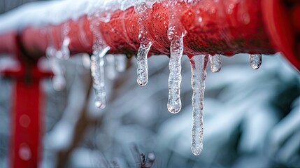 Frozen Icicles on Red Sewer Pipe: Result of Freezing Rain
 - obrazy, fototapety, plakaty
