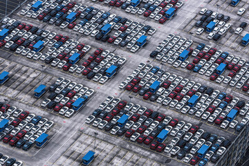 Aerial image of cars from above in container port being ready to ship. Bremerhaven, Germany
