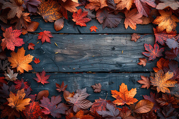 Autumn leaves on wooden background