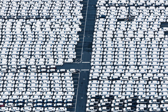 Aerial image of cars from above in container port being ready to ship. Bremerhaven, Germany