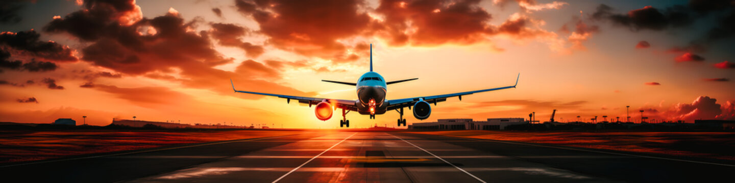 Avion en train de d&eacute;coller sur la piste au coucher du soleil