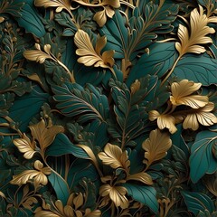 Muster - 3D-Relief - Blüten und Blätter in Petrol und Gold