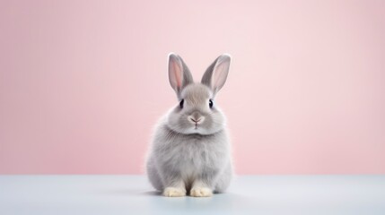 Fototapeta premium Cute little rabbit on a pastel background. Copy space for text.