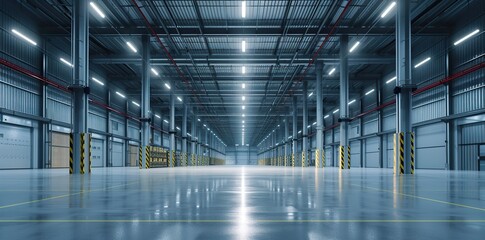 Bright and Expansive: Modern Warehouse with Futuristic Lighting for Advanced Equipment