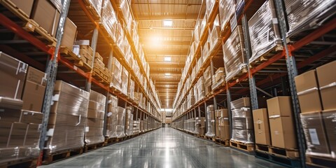 Obraz premium A bright spectacle in the warehouse, where a pallet of boxes is encircled by tall shelves gleaming in bright light, establishing an inviting and well-organized storage ambiance