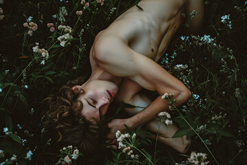 Jeune homme nu allongé dans les fleurs