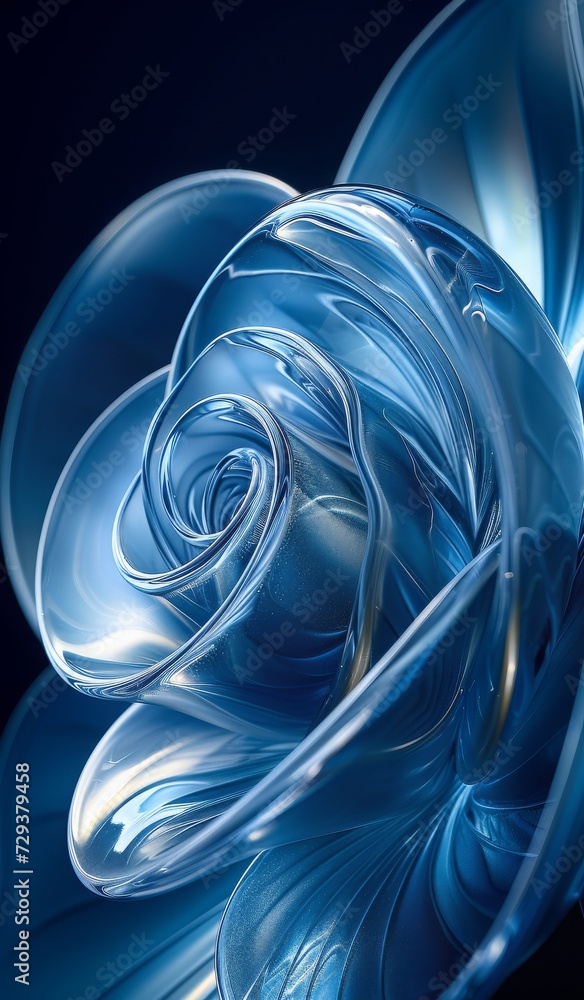 Aufkleber Fluid Elegance flower in Blue: A Glass Sculpture Capturing the Serene Movement of Waves, Reflecting Light and Creating a Dance of Shadows and Gloss