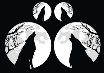 sitting howling wolf profile head and full moon white disk with tree branches vector silhouette outline against black background