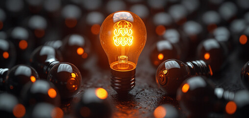 light bulb is lit among many unlit bulbs, business idea concept - obrazy, fototapety, plakaty