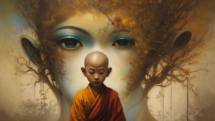 Junger buddhistischer Mönch, weibliche Augen im Hintergrund - obrazy, fototapety, plakaty