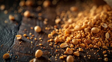Scattered raw peanuts captured in a warm glow, ready for culinary adventures - obrazy, fototapety, plakaty