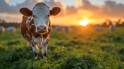 a domestic cow grazing in a field - obrazy, fototapety, plakaty