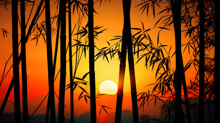 silhouette of bamboo shoots against the vibrant hues of a fiery sunset