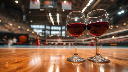 Cinematic wide angle photograph of two red wine glasse at a volleyball court. Product photography.