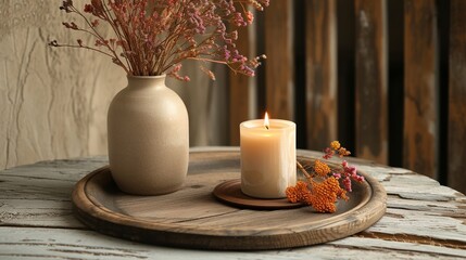 Serene home atmosphere with aromatic candle and dried flowers in vase