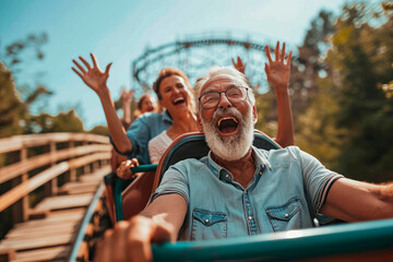 Elderly Adrenaline Rush: Futuristic Hyperloop Roller Coaster Delivers Euphoric Joy to a Senior Rider, Combining Excitement and High-Speed Thrills in Amusement Park Fun.

