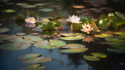 a lily pond featuring soft pastel tones