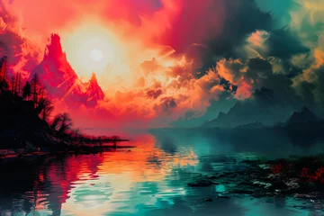Papier Peint photo autocollant Corail Paysage avec lac et montagne au coucher su soleil