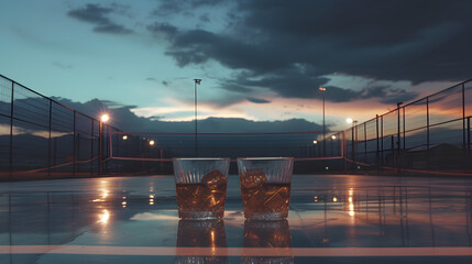 Cinematic wide angle photograph of two whisky glasses at a volleyball court. Product photography.