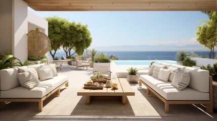 Obraz premium beautiful small space casual living family room soft neutral wood beams and a gorgeous grouping of swivel color fabric chairs around a striking coffee table coastal design nature freshness home