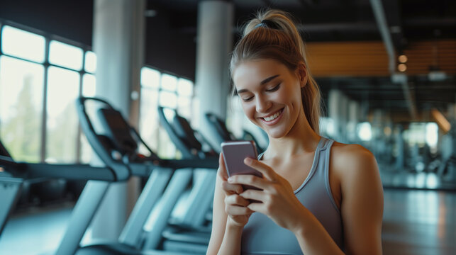 sporty woman using phone after fitness workout in gym. Young smiling woman using phone during the break in gym , Generative AI