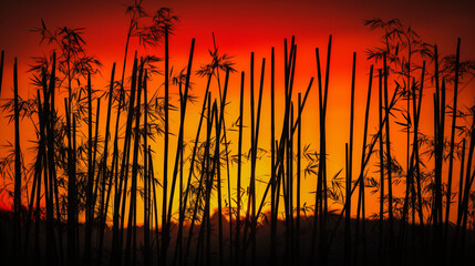 silhouette of bamboo shoots against the vibrant hues of a fiery sunset
