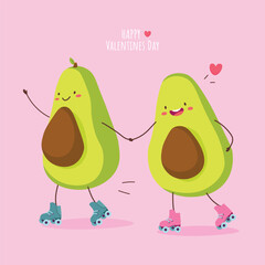 Cute avocado couple on roller skate. Valentines day vector illustration. 14 february funny card pink background.