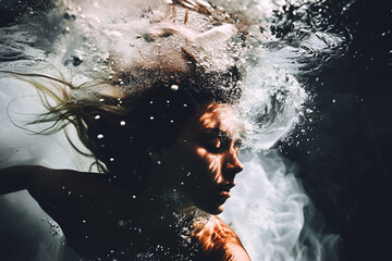 Femme s'enfonçant dans les profondeur d'un lac - obrazy, fototapety, plakaty
