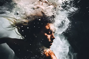 Schilderijen op glas Femme s'enfonçant dans les profondeur d'un lac © Concept Photo Studio