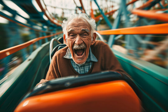 Elderly Adrenaline Rush: Futuristic Hyperloop Roller Coaster Delivers Euphoric Joy to a Senior Rider, Combining Excitement and High-Speed Thrills in Amusement Park Fun.


