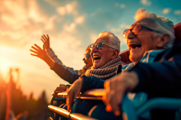 Elderly Adventures: Adrenaline Rush as Elder Couple Takes a Hyperloop Roller Coaster Ride, Experiencing Futuristic Thrills and Euphoria at the Theme Park.

 - Powered by Adobe