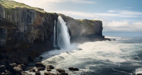 Panoramic view of waterfall on a high cliff overlooking the ocean