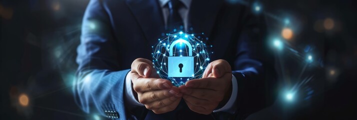 programer system protection Cyber security, Businessman hold digital padlock and Login verified identity credentials on network of data protection technology, Business data privacy,