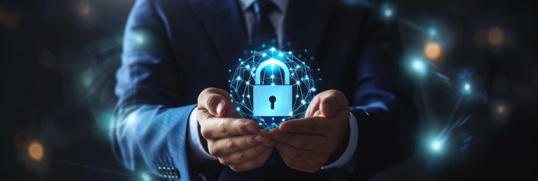 programer system protection Cyber security, Businessman hold digital padlock and Login verified identity credentials on network of data protection technology, Business data privacy,