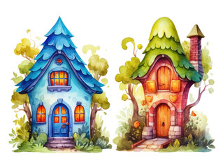 Fabulous houses painted in watercolor. An isolated illustration of fantastic, cartoon huts in blue and brown.