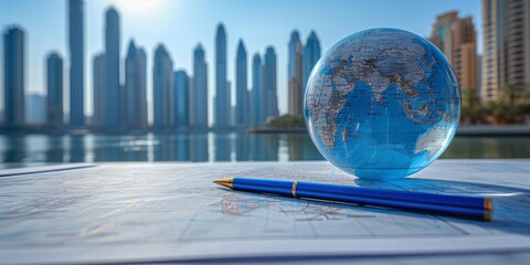Global Business Strategy: A Detailed Globe on a Desk Surrounded by Financial Reports, Symbolizing International Trade and Economic Planning, Generative AI